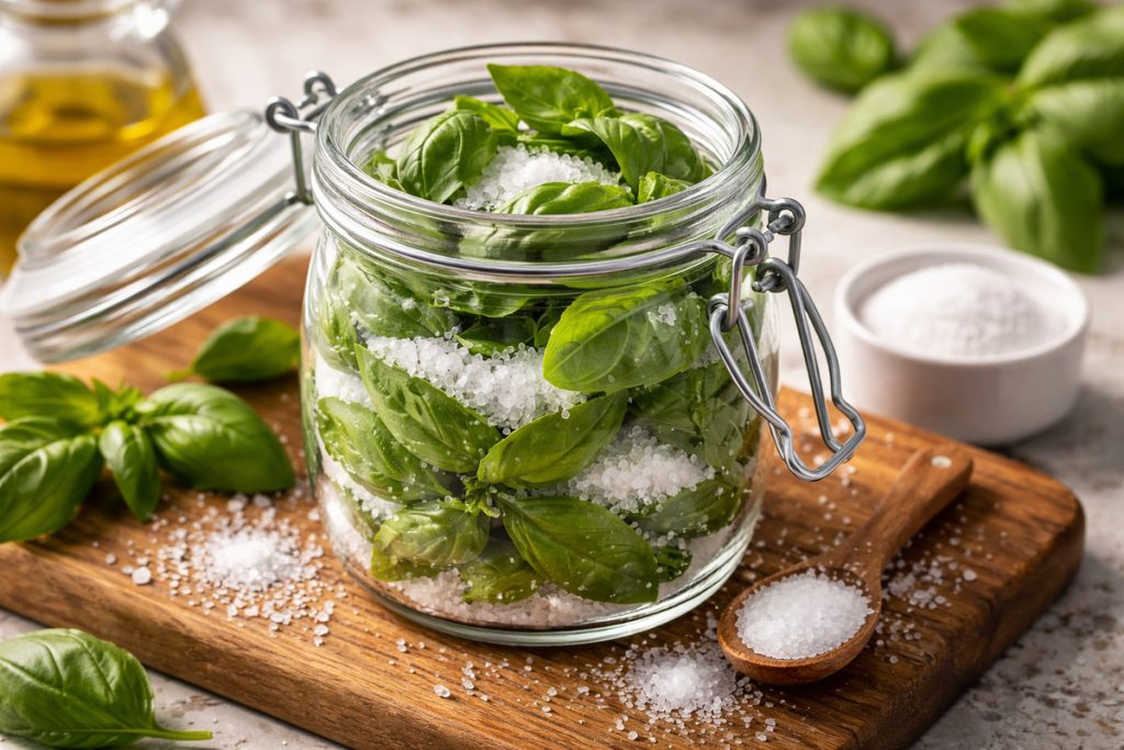 Questi 3 metodi fanno durare il basilico per mesi: rimane fresco e profumato foglie di basilico con sale fino