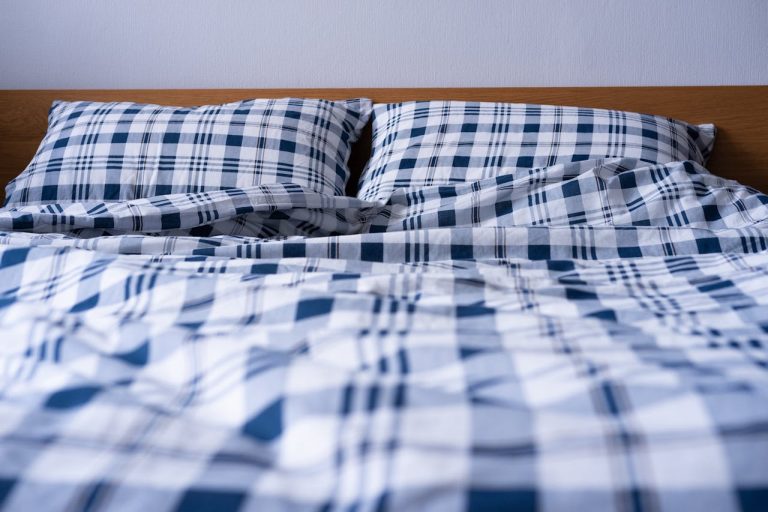 Se cambi le lenzuola una volta a settimana stai sbagliando: ecco cosa dice Martha Stewart Lenzuolo a quadri blu e bianco