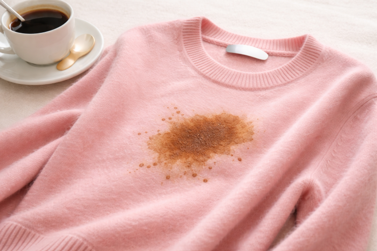 Hai macchiato il maglione di cashmere? Con solo 6 passaggi salvi il tuo capo preferito Maglione in cashmere rosa con macchia di caffè