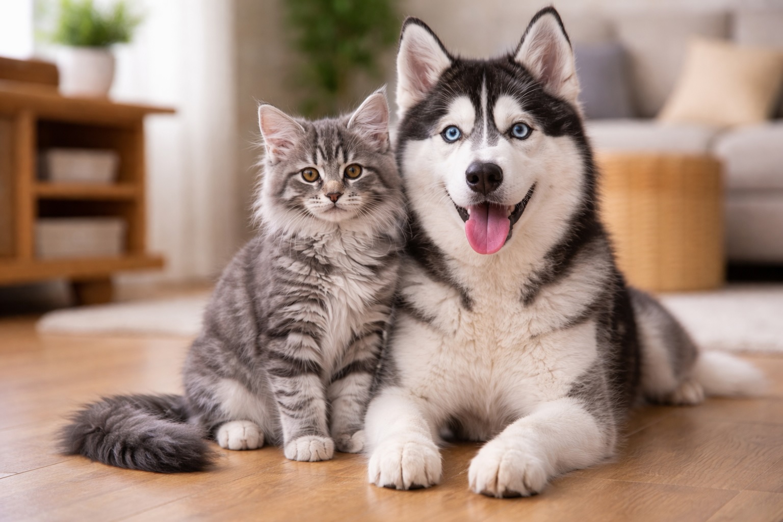 Un husky e un cucciolo di maine coon (fonte: Comeconservare.it)