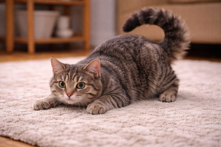 Perché il tuo gatto oscilla prima di saltare: 4 teorie scientifiche che spiegano questo istinto Un gatto grigio pronto all'attacco (fonte: comeconservare.it)