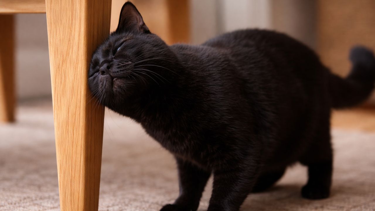 Un gatto che strofina la testa sulla gamba di un tavolo (fonte: comeconservare.it)