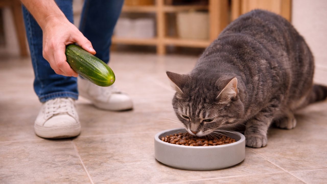 Un uomo che si avvicina ad un gatto con un cetriolo (fonte: comeconservare.it)