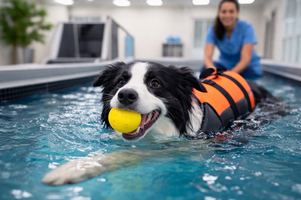 Cane con pallina in acqua