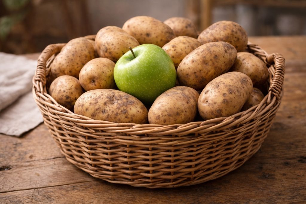 Patate che durano mesi senza germogliare: il trucco della mela che nessuno conosce Un cersto di patate con una mela (fonte: comeconservare.it)