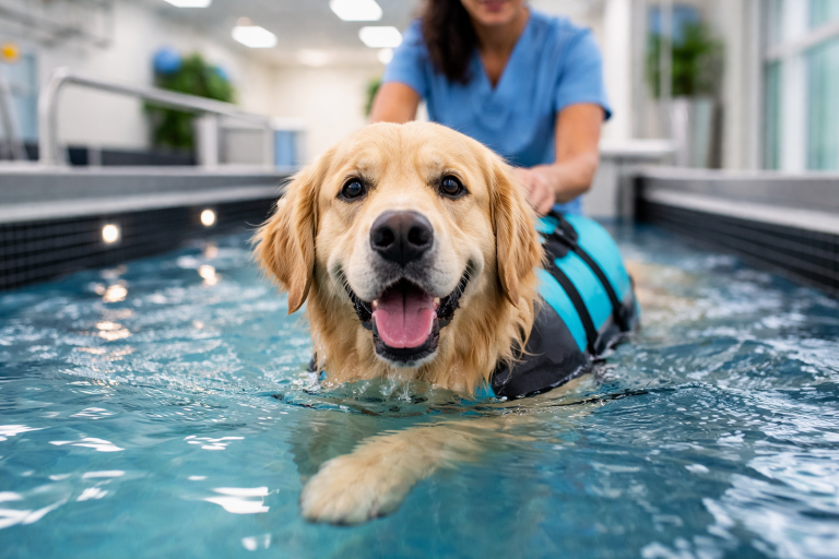 Un cane in una piscina terapeutica